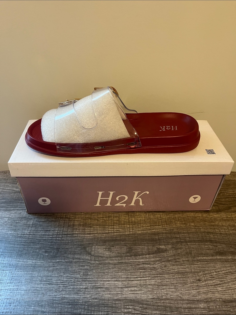 H2K Ariana Red Glitter Slide Sandals Clear Double Strap Buckle Casual Slides